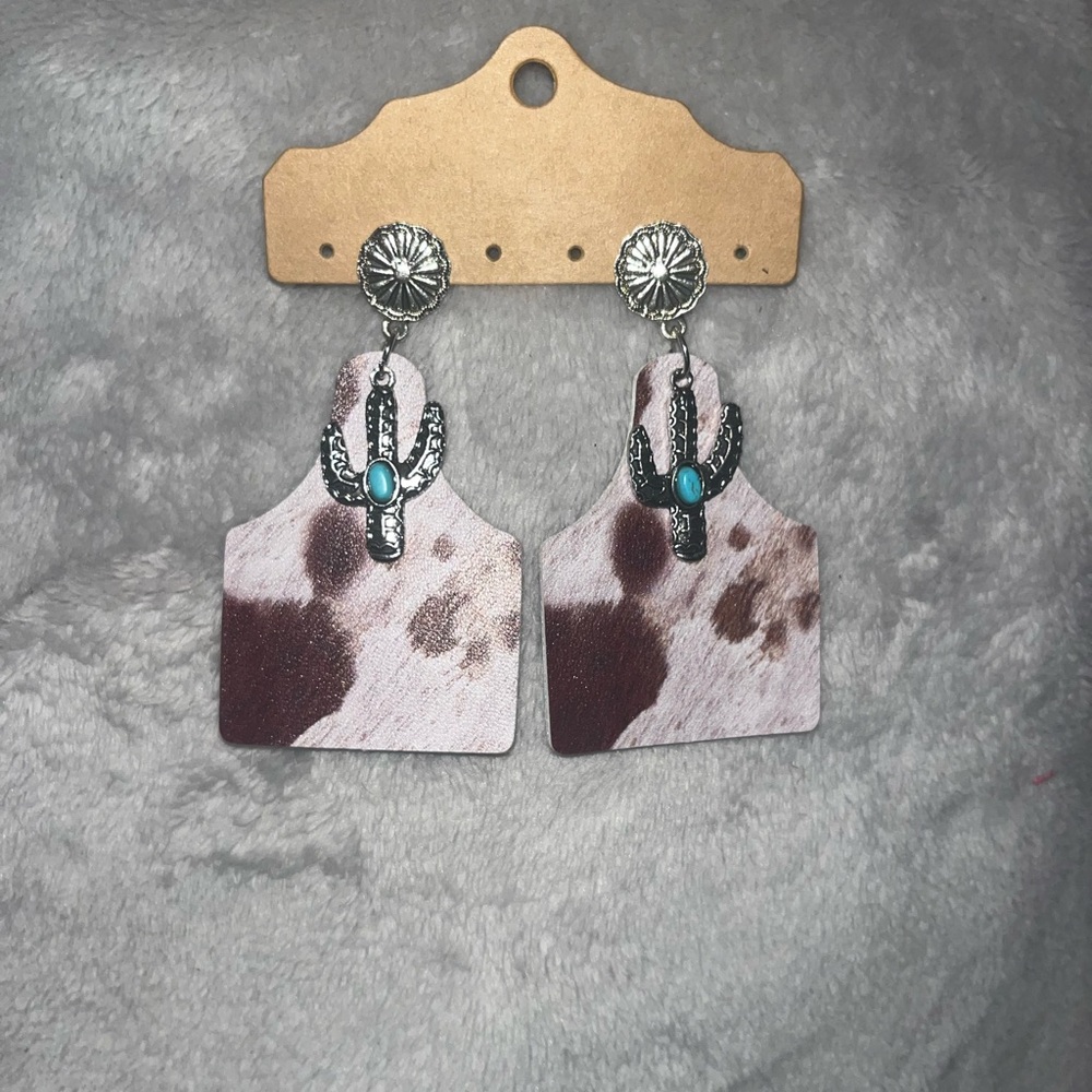 Cow Print Earrings with Silver Cactus Accent